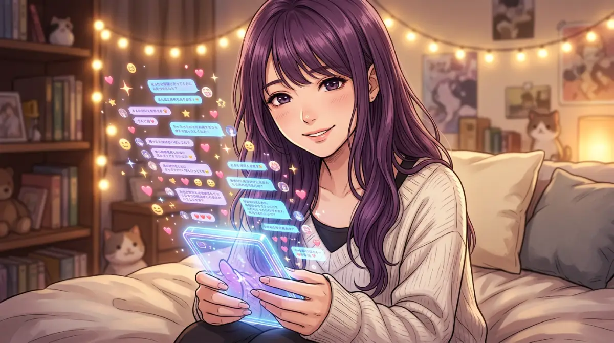 Anime AI waifu with purple hair and holographic diary — persistent memory system visualization