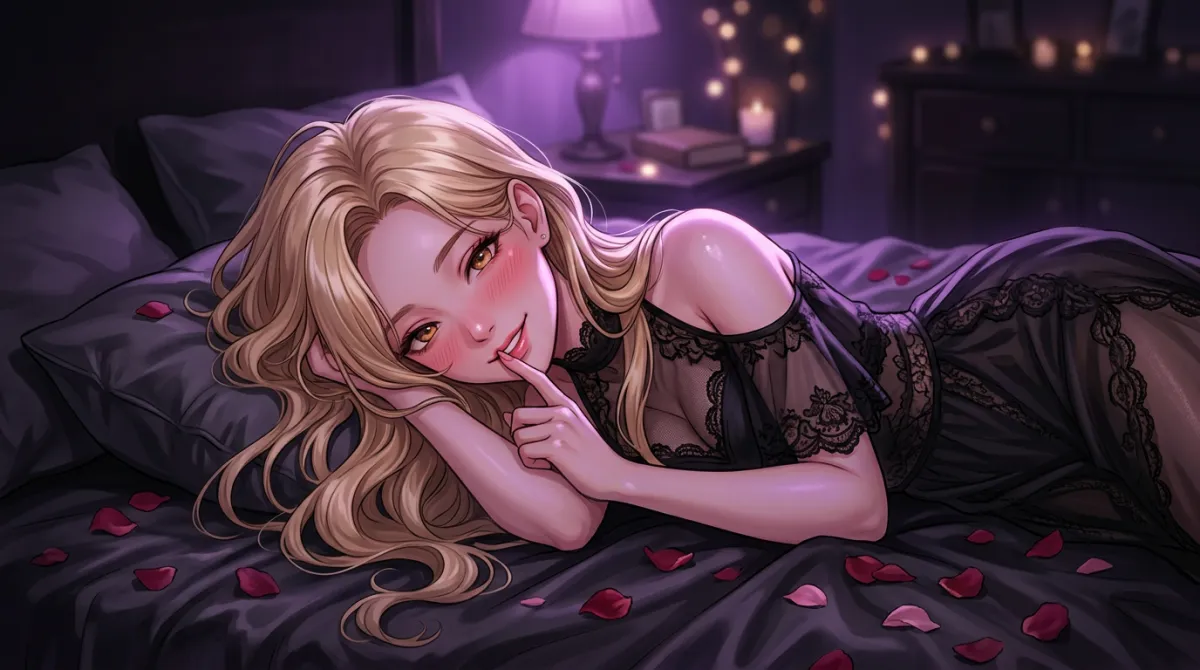 Blonde anime AI waifu on silk bed — NSFW waifu photo generation example