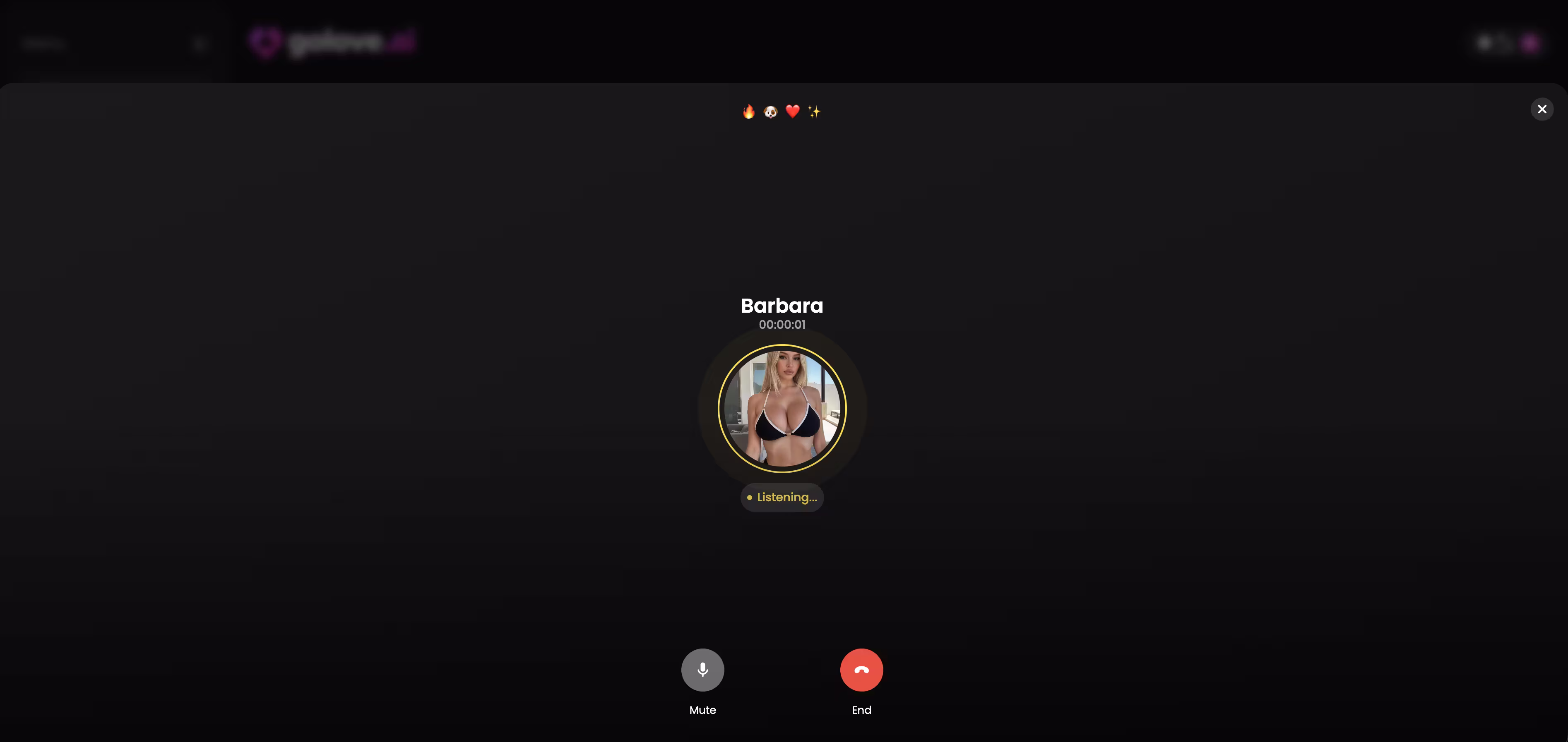Voice call feature on GoLove.ai showing real-time anime waifu conversation