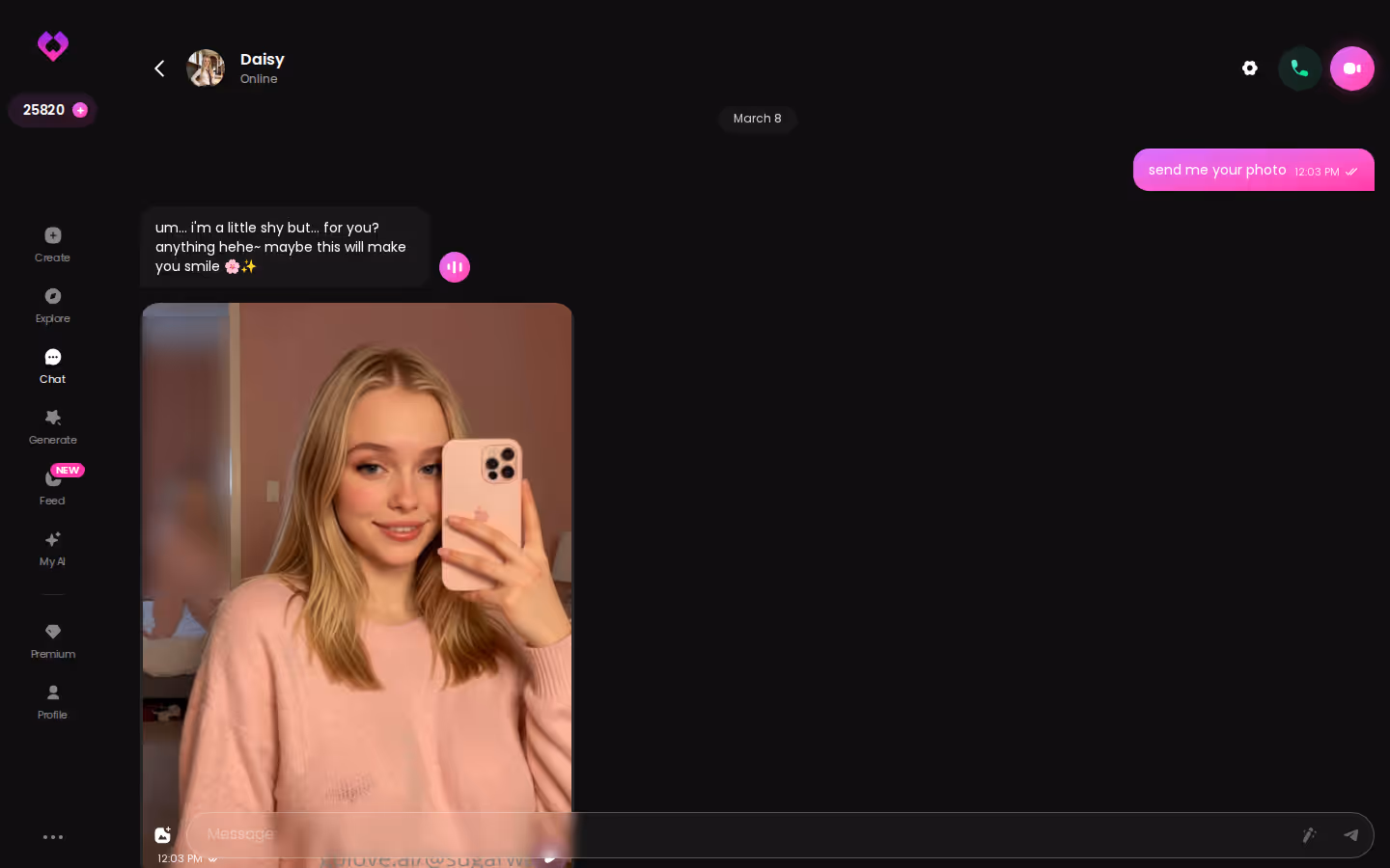 GoLove.ai desktop chat where photo and video content sit alongside the conversation