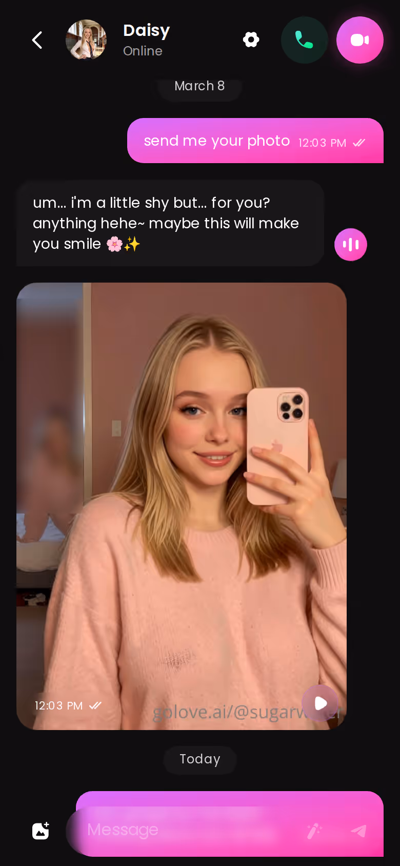 Full mobile GoLove.ai conversation with another character — virtual waifu