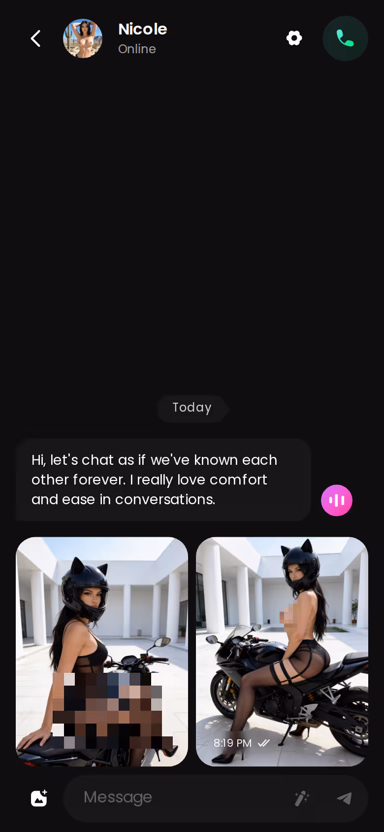 GoLove.ai mobile thread showing voice and chat continuity with an anime companion