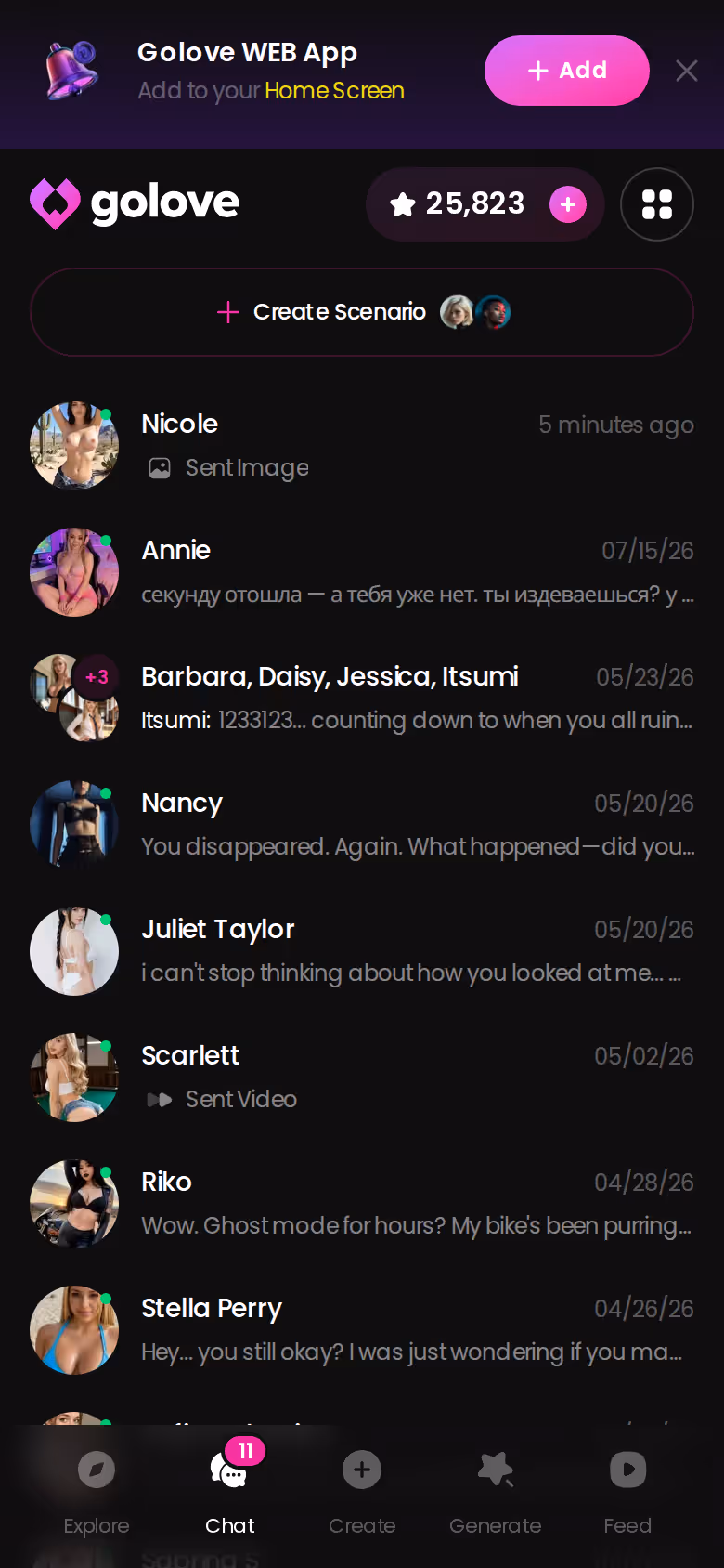 GoLove.ai mobile chats list on Android Chrome showing the character roster with last-message previews