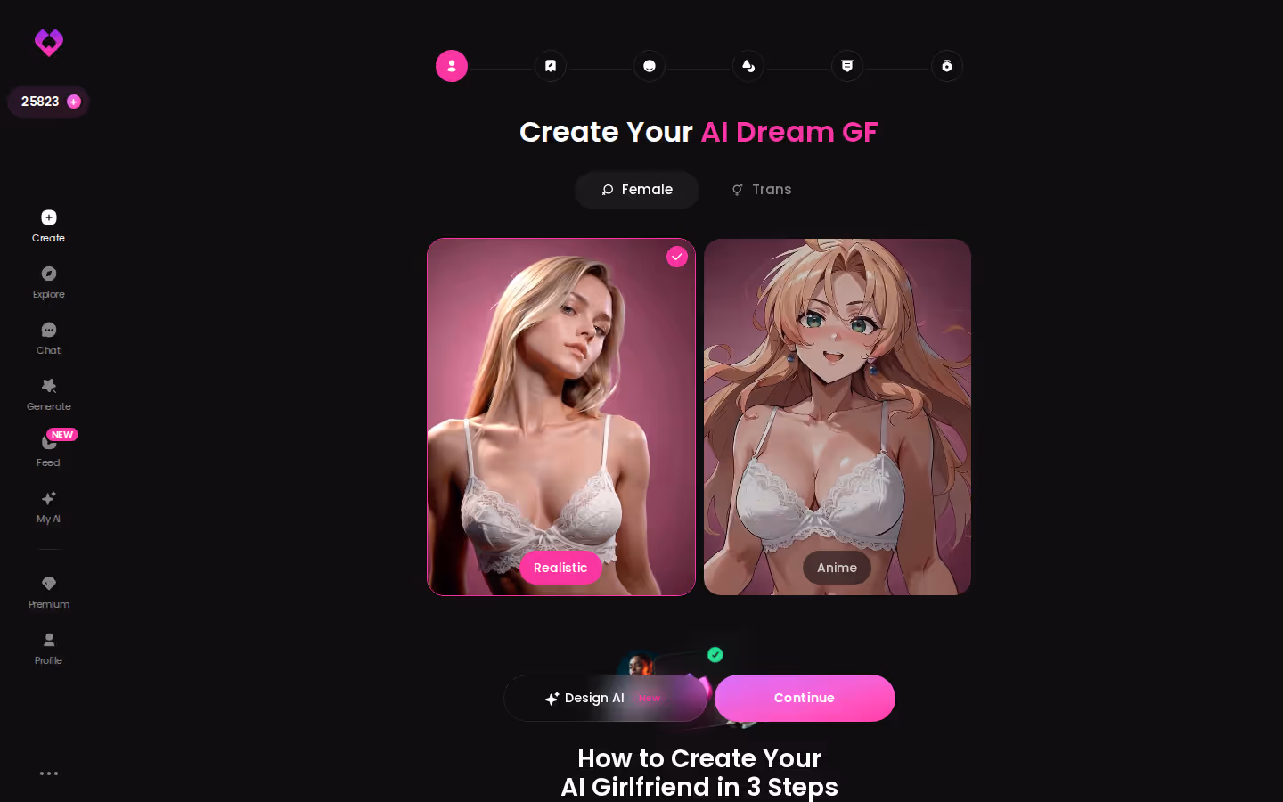 GoLove.ai Create wizard — Female or Trans, Realistic or Anime pick — virtual waifu