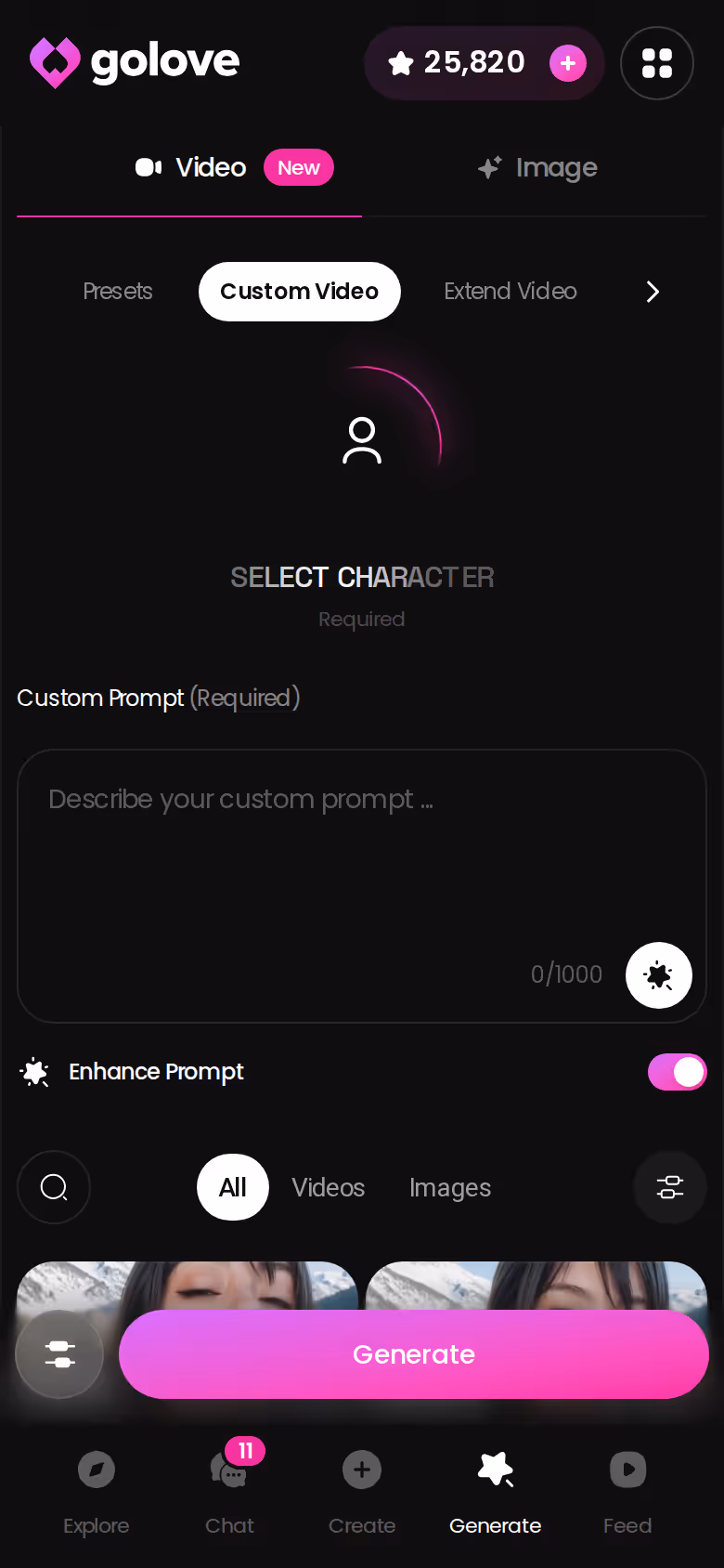 GoLove Video generator on mobile with preset cards for action, clothes and background