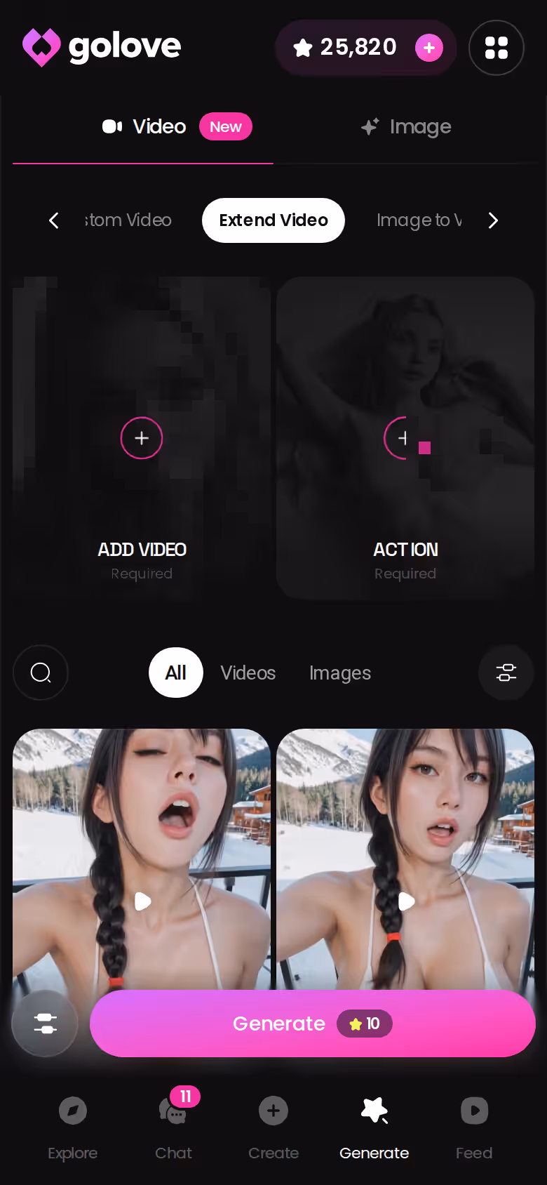 GoLove.ai mobile video generator showing the Extend Video control under a finished clip