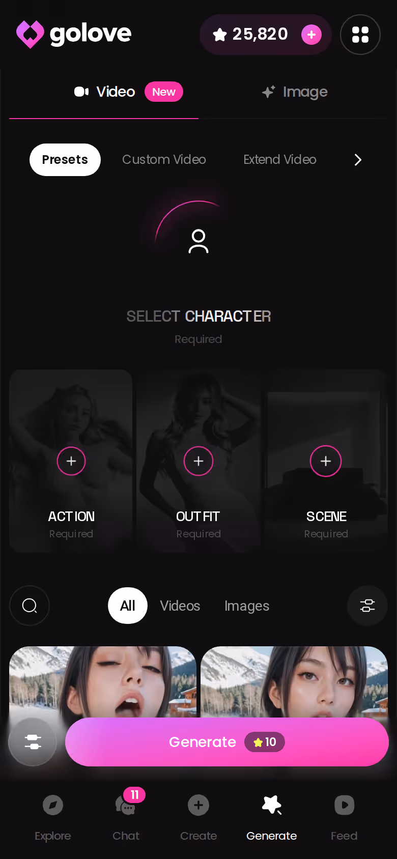 GoLove.ai Generate hub on mobile showing the character picker and Image and Video tabs