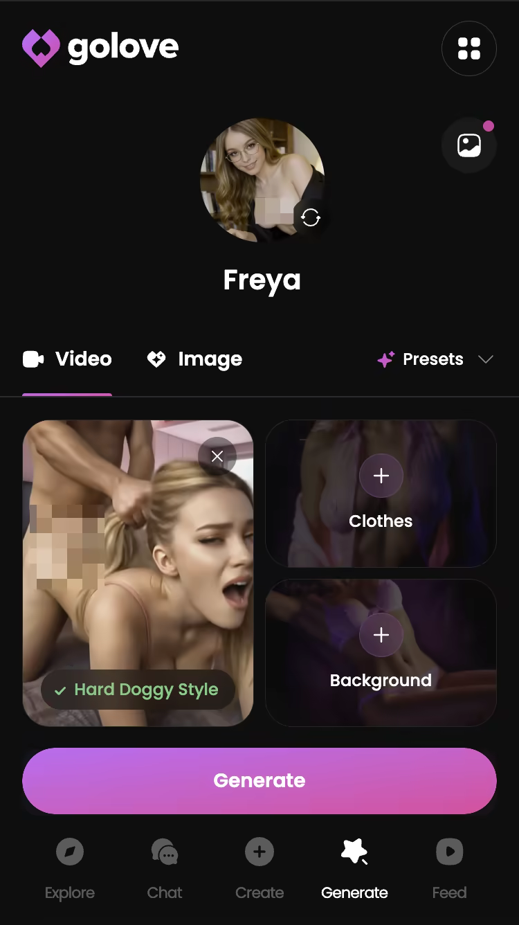 Explicit action preset selected in the GoLove.ai video generator — promptchan ai review
