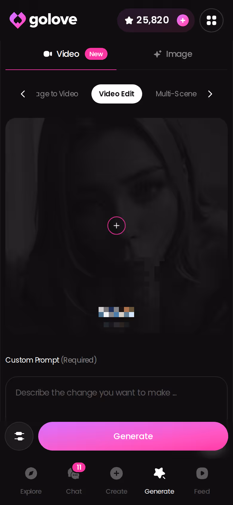 GoLove.ai mobile video editor with anime character settings loaded from a Feed remix